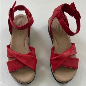 Clarks Red Leather Ankle-Strap Sandals